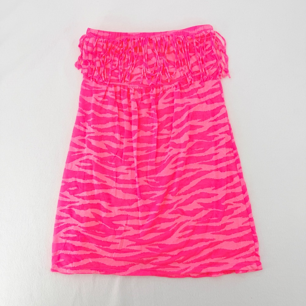Bongo Tube Dress Womens Size Medium Pink Zebra Print Fringe Strapless Mini